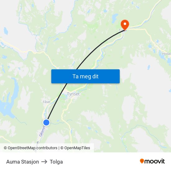 Auma Stasjon to Tolga map