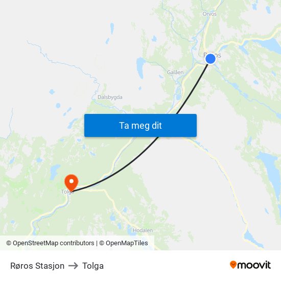 Røros Stasjon to Tolga map