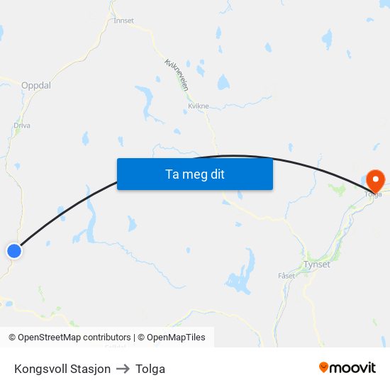 Kongsvoll Stasjon to Tolga map