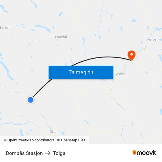 Dombås Stasjon to Tolga map