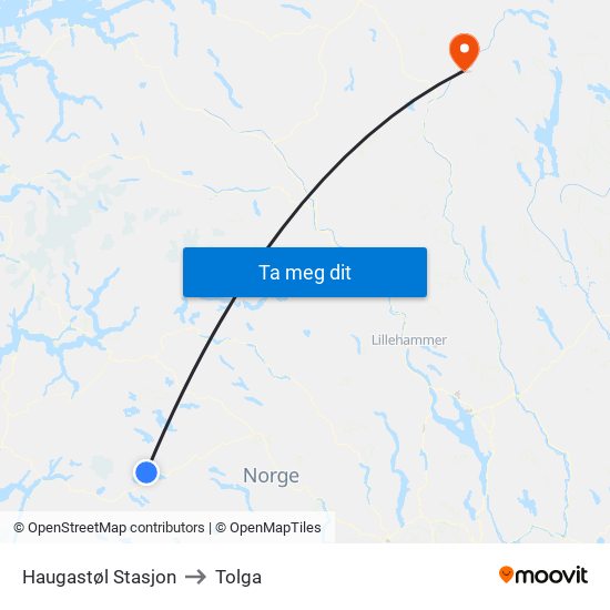 Haugastøl Stasjon to Tolga map