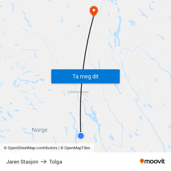Jaren Stasjon to Tolga map