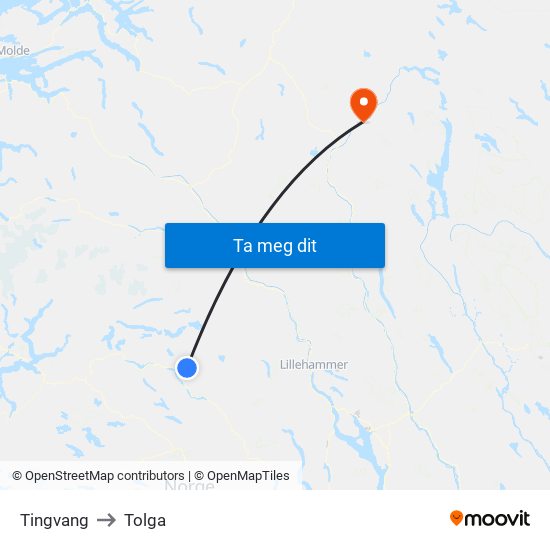 Tingvang to Tolga map