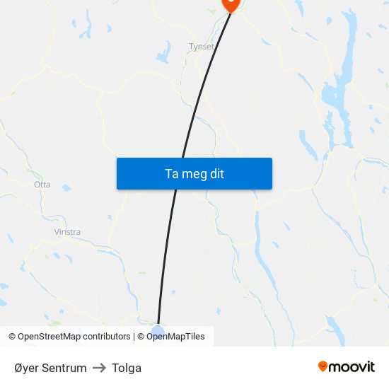 Øyer Sentrum to Tolga map