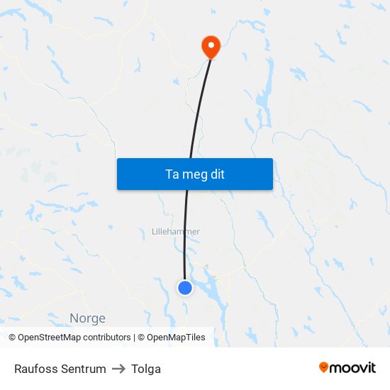 Raufoss Sentrum to Tolga map