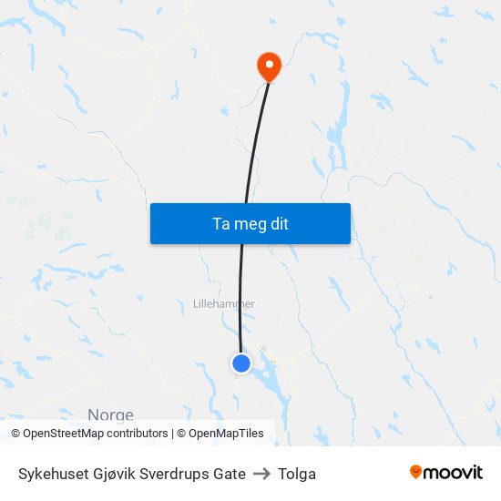 Sykehuset Gjøvik Sverdrups Gate to Tolga map