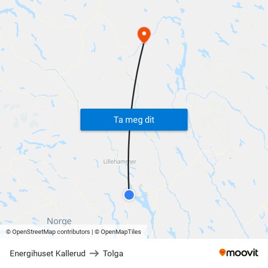 Energihuset Kallerud to Tolga map