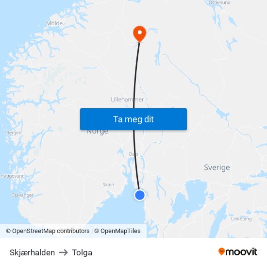 Skjærhalden to Tolga map