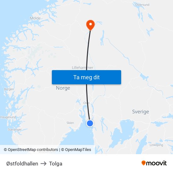 Østfoldhallen to Tolga map