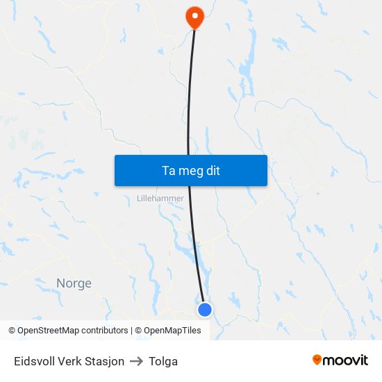 Eidsvoll Verk Stasjon to Tolga map