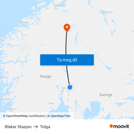 Blaker Stasjon to Tolga map