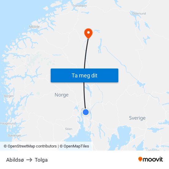 Abildsø to Tolga map