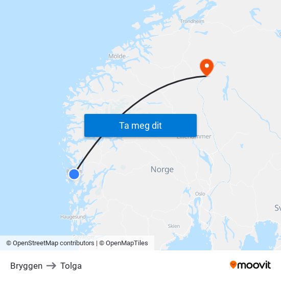 Bryggen to Tolga map