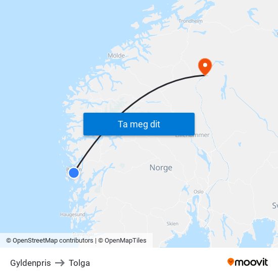 Gyldenpris to Tolga map