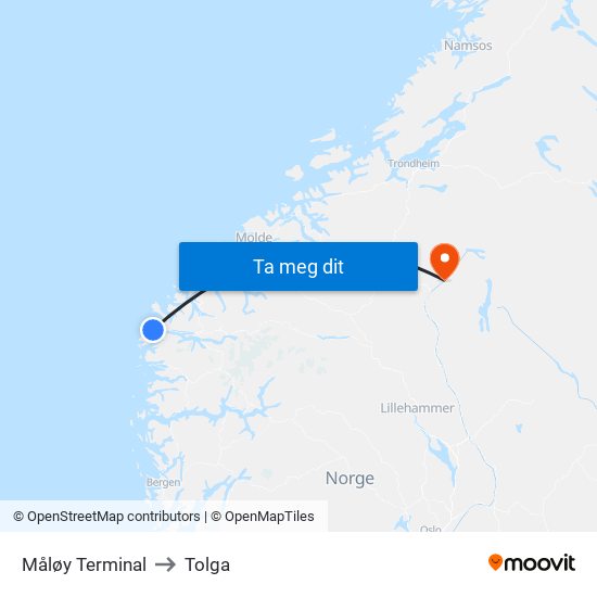 Måløy Terminal to Tolga map