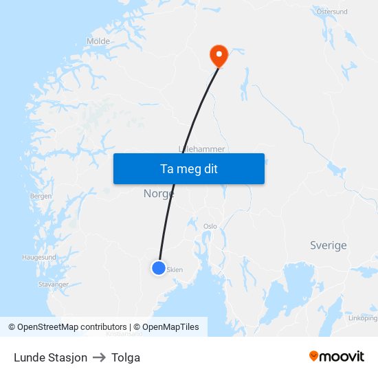 Lunde Stasjon to Tolga map