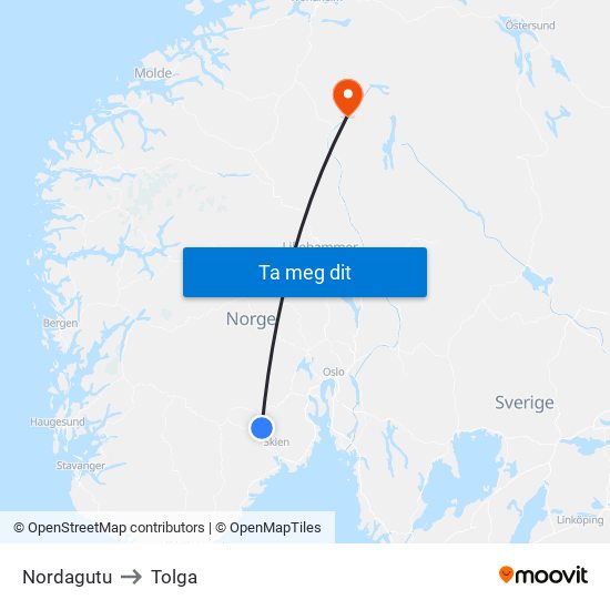 Nordagutu to Tolga map