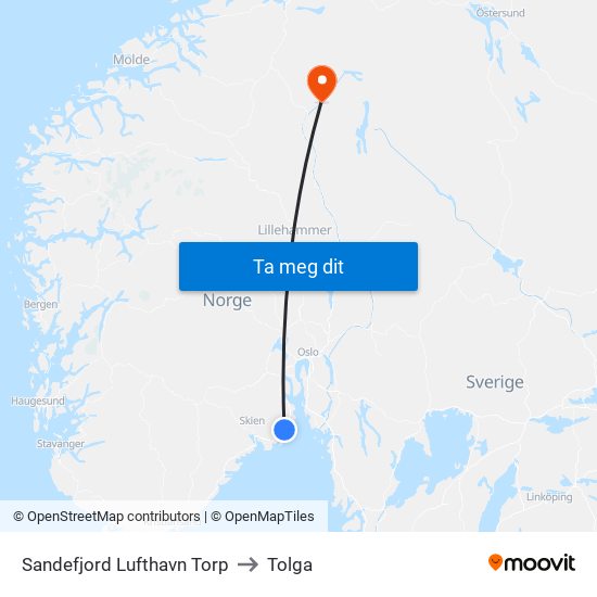 Sandefjord Lufthavn Torp to Tolga map