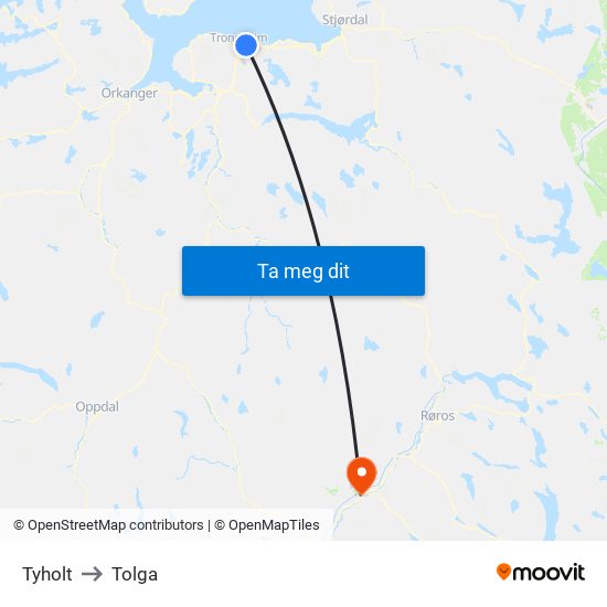 Tyholt to Tolga map