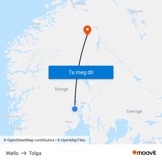 Wøllo to Tolga map