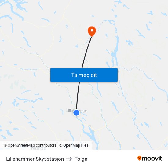 Lillehammer Skysstasjon to Tolga map
