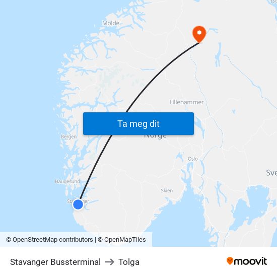Stavanger Bussterminal to Tolga map