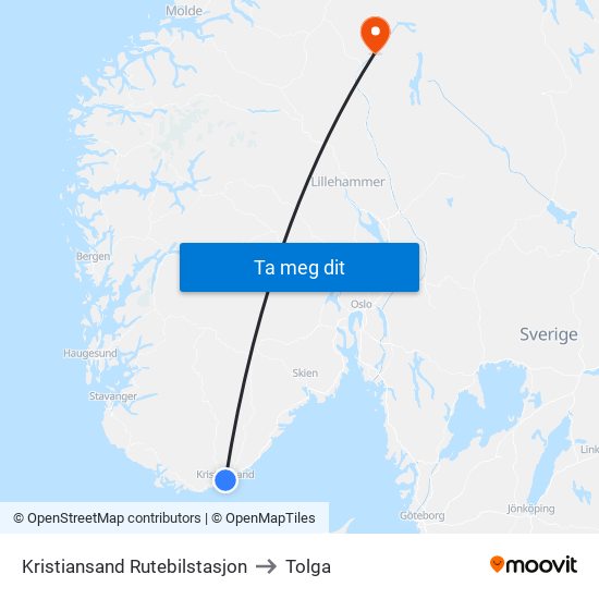 Kristiansand Rutebilstasjon to Tolga map