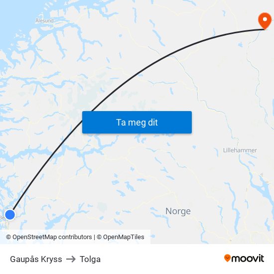 Gaupås Kryss to Tolga map