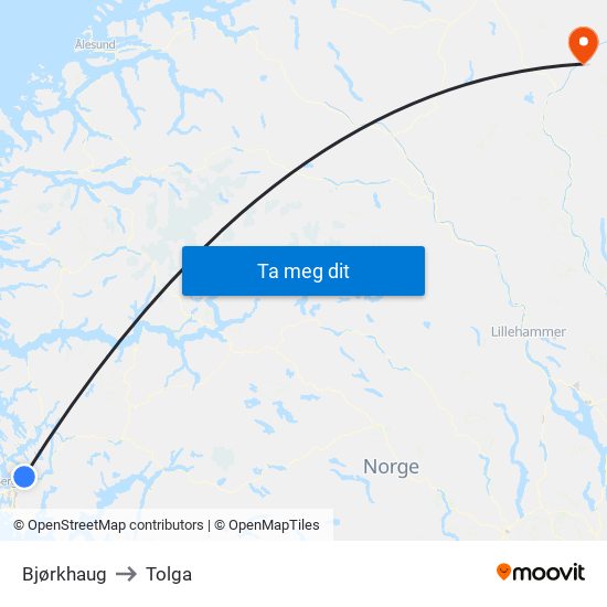 Bjørkhaug to Tolga map