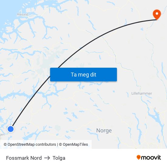 Fossmark Nord to Tolga map
