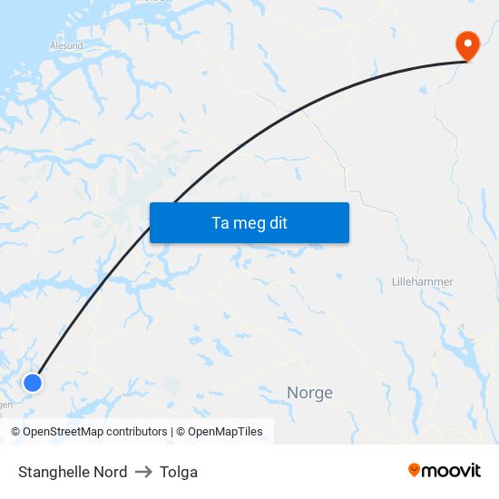 Stanghelle Nord to Tolga map
