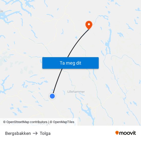 Bergsbakken to Tolga map