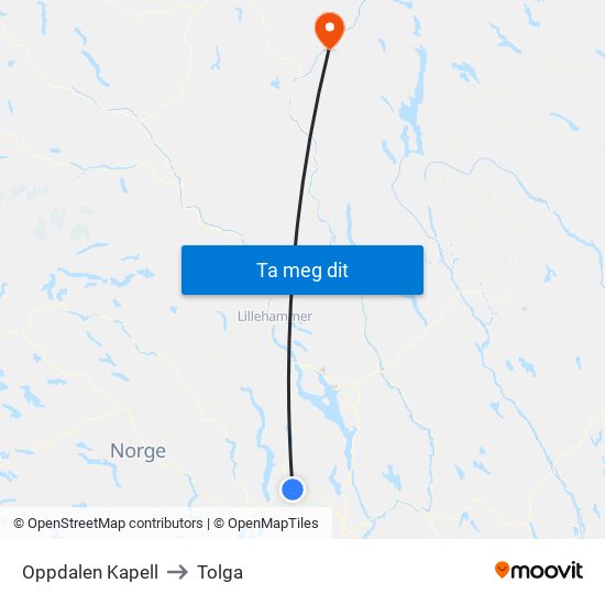 Oppdalen Kapell to Tolga map