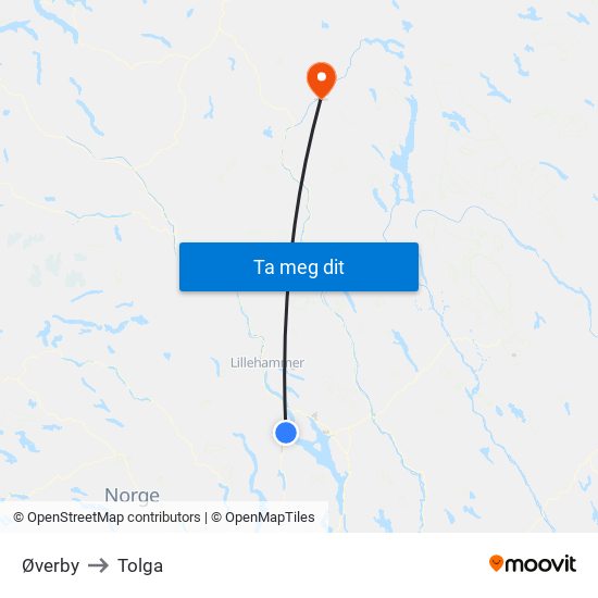 Øverby to Tolga map