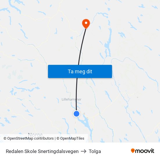 Redalen Skole Snertingdalsvegen to Tolga map