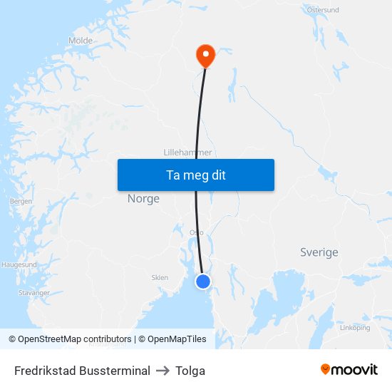 Fredrikstad Bussterminal to Tolga map