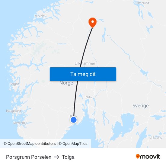 Porsgrunn Porselen to Tolga map