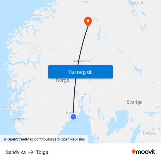 Sandvika to Tolga map