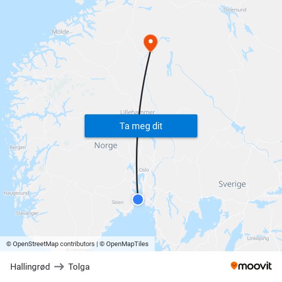 Hallingrød to Tolga map