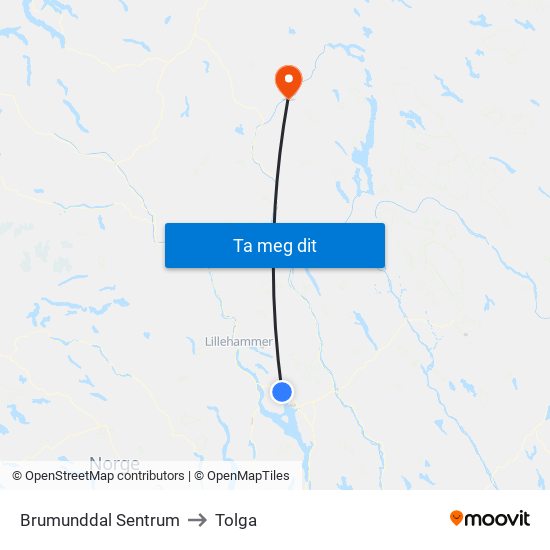Brumunddal Sentrum to Tolga map