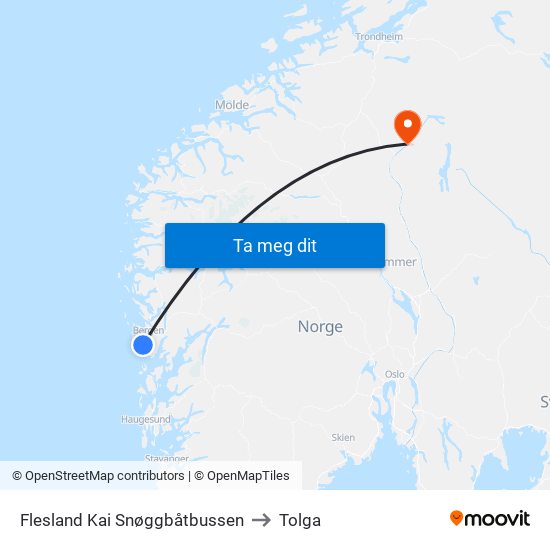 Flesland Kai Snøggbåtbussen to Tolga map