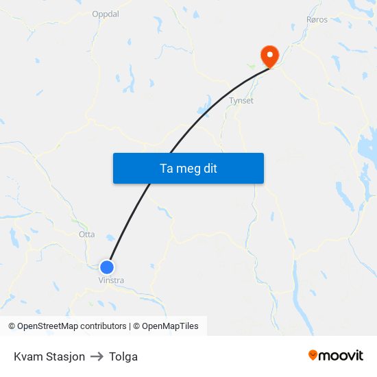 Kvam Stasjon to Tolga map