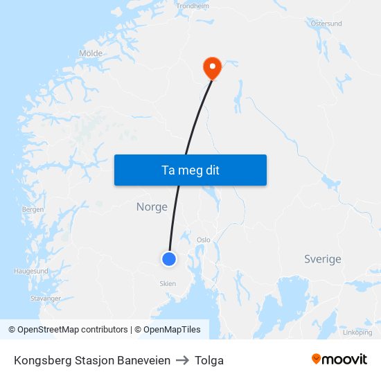 Kongsberg Stasjon Baneveien to Tolga map