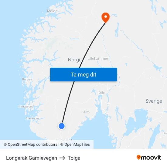 Longerak Gamlevegen to Tolga map