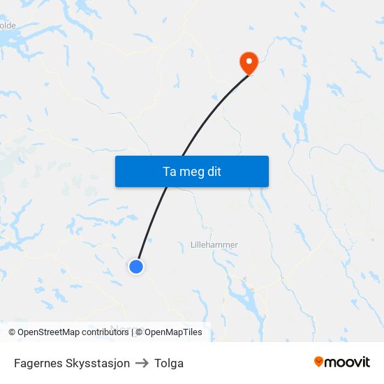 Fagernes Skysstasjon to Tolga map