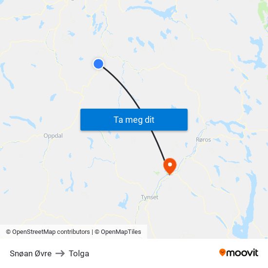 Snøan Øvre to Tolga map