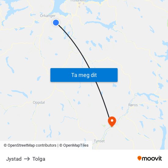 Jystad to Tolga map