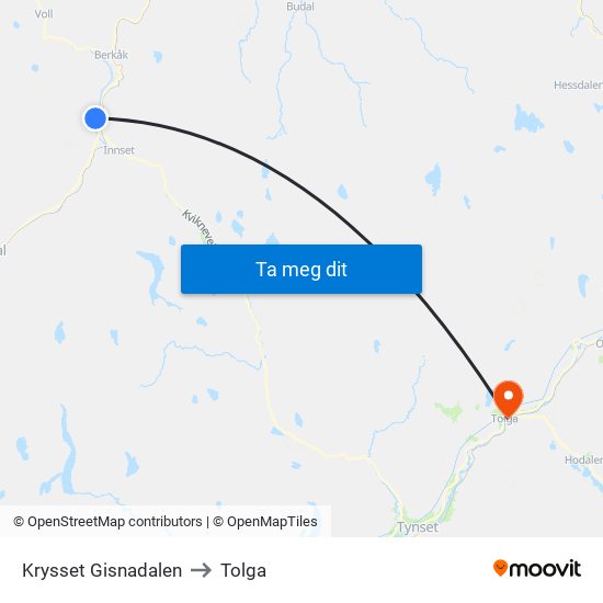 Krysset Gisnadalen to Tolga map