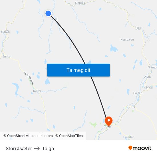 Storrøsæter to Tolga map