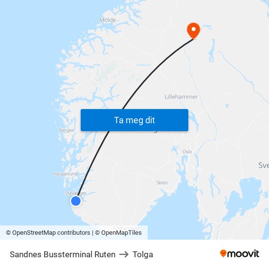 Sandnes Bussterminal Ruten to Tolga map